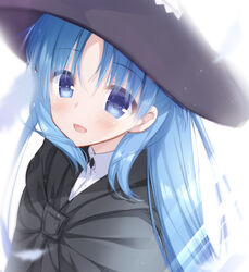  :d black_cloak black_headwear blue_eyes blue_hair blush cariboy chtholly_nota_seniorious cloak commentary female light_rays long_hair looking_at_viewer open_mouth parted_bangs shuumatsu_nani_shitemasu_ka? smile solo straight_hair symbol-only_commentary upper_body 