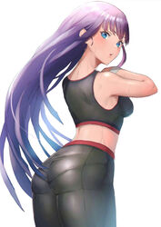  ass back bare_shoulders black_pants black_sports_bra blue_eyes blush breasts fate/grand_order fate_(series) female highres large_breasts long_hair looking_at_viewer looking_back martha_(fate) open_mouth otsukemono pants pantylines purple_hair revision simple_background solo sports_bra tight_clothes tight_pants underwear white_background 