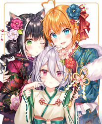  3girls absurdres ahoge animal_ears antenna_hair aqua_eyes bad_id bad_pixiv_id black_hair black_kimono blue_kimono blush braid cat_ears cat_girl commentary elf floral_print flower fur_trim green_eyes green_flower green_kimono grey_hair hair_between_eyes hair_bun hair_flower hair_ornament heart heart_ahoge highres holding japanese_clothes karyl_(new_year)_(princess_connect!) karyl_(princess_connect!) kimono kokkoro_(new_year)_(princess_connect!) kokkoro_(princess_connect!) long_hair long_sleeves looking_at_viewer miko multicolored_hair multiple_girls one_eye_closed orange_hair pecorine_(new_year)_(princess_connect!) pecorine_(princess_connect!) pink_eyes pointy_ears princess_connect! print_kimono red_flower short_hair single_hair_bun smile streaked_hair teeth tokkyu two-tone_kimono upper_teeth_only white_flower white_kimono wide_sleeves 