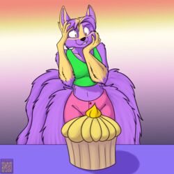  1:1 5_tails anthro black_nose breasts canid canine clothed clothing cupcake dreamspinner female food fox foxenawolf fur kaari mammal midriff multi_tail navel purple_body purple_fur shirt solo tail tank_top topwear 