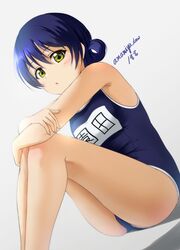  amamiya_(re-amamiya) bare_legs blue_hair blush commentary competition_school_swimsuit feet_out_of_frame female highres hugging_own_legs knees_up legs_together long_hair looking_at_viewer love_live! love_live!_school_idol_project name_tag one-piece_swimsuit open_mouth school_swimsuit signature simple_background sitting smile solo sonoda_umi swept_bangs swimsuit yellow_eyes 