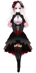  absurdres april_fools black_dress black_gloves black_thighhighs blush breasts commentary doll_joints dress female full_body garter_straps gloves gradient_hair highres joints large_breasts long_hair looking_at_viewer multicolored_hair navel original pink_hair red_eyes sera_makina simple_background solo thighhighs twintails underboob vane_(vane0) virtual_youtuber white_background white_hair 