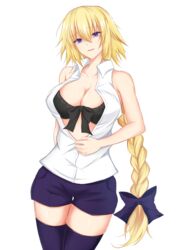  bare_arms bare_shoulders black_bra blonde_hair bow bra braid breasts collarbone commentary_request commission cowboy_shot fate/apocrypha fate_(series) female hair_between_eyes hairbow head_tilt jeanne_d&#039;arc_(fate) jeanne_d&#039;arc_(girl_from_orleans)_(fate) large_breasts long_braid long_hair looking_at_viewer parted_lips purple_bow purple_eyes purple_shorts purple_thighhighs shirt short_shorts shorts simple_background skeb_commission sleeveless sleeveless_shirt smile solo standing thighhighs thighs underwear very_long_hair watarase_piro white_background white_shirt 