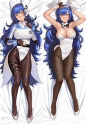  absurdres animal_ears black_bow black_bowtie black_gloves black_pantyhose blue_hair bow bowtie breasts brown_gloves covered_navel dakimakura_(medium) deras detached_collar fake_animal_ears female fingerless_gloves girls&#039;_frontline gloves hairband half_gloves hexagram high_heels highleg highleg_leotard highres large_breasts leotard long_hair lying multiple_views official_alternate_costume on_back pantyhose playboy_bunny robot_ears side-tie_leotard smile star_of_david strapless strapless_leotard tar-21_(girls&#039;_frontline) tar-21_(night_at_the_bar)_(girls&#039;_frontline) thigh_strap very_long_hair white_footwear white_hairband white_leotard yellow_eyes 