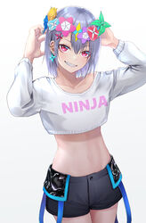  arms_up artificial_flower bad_id bad_pixiv_id black_shorts clothes_writing collarbone commentary_request cowboy_shot crop_top crop_top_overhang cropped_shirt ear_piercing earrings female flower grey_hair grin hair_ornament head_wreath highres ironatsuki jewelry long_sleeves looking_at_viewer midriff navel origami original partial_commentary piercing red_eyes sharp_teeth shirt short_hair short_shorts shorts simple_background smile solo stomach teeth white_background white_shirt 