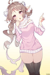  :o absurdres ahoge arknights artist_name bad_id bad_pixiv_id black_thighhighs blush breasts brown_hair eyjafjalla_(arknights) female hand_up highres horns long_hair long_sleeves looking_at_viewer navel off-shoulder_sweater off_shoulder pink_eyes pink_sweater pointy_ears scarf shao_(shaorouhong) solo standing sweater thighhighs torn_clothes torn_scarf two-tone_background white_scarf 