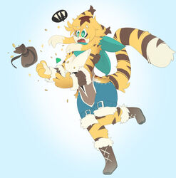  anthro big_breasts blonde_hair breasts caeleste clothing coin cygames exclamation_point fangs felid female fur green_eyes hair hi_res mammal mia_(world_flipper) money_bag open_mouth pantherine solo speech_bubble striped_body striped_fur stripes tail teeth tiger tripping world_flipper yellow_body yellow_fur 