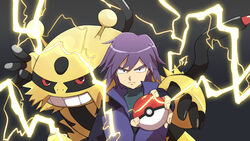  1boy closed_mouth commentary_request electivire electricity frown holding holding_poke_ball jacket looking_at_viewer male_focus outstretched_arm paul_(pokemon) poke_ball poke_ball_(basic) pokemon pokemon_(anime) pokemon_(creature) pokemon_dppt_(anime) purple_hair shi_(yxyy4723) shirt short_hair 