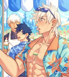  3boys abs alternate_costume archer_(fate) bara bare_pectorals black_hair blue_eyes blurry blurry_background closed_mouth collarbone eyewear_on_head fate/grand_order fate_(series) food food_in_mouth food_on_body food_on_pectorals fujimaru_ritsuka_(male) girl_staring_at_guy&#039;s_chest_(meme) hair_between_eyes hawaiian_shirt highres holding holding_food holding_ice_cream ice_cream large_pectorals looking_to_the_side male_focus melting meme multiple_boys muscular muscular_male pectorals percival_(fate) popsicle popsicle_in_mouth shirt short_hair smile twitter_username watermelon_bar white_hair yaekaidou 