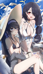  2girls bags_under_eyes bikini bird black_bikini black_hair blue_archive blue_sky blush breasts casual_one-piece_swimsuit cleavage cloud collarbone commentary_request covered_navel feet_out_of_frame hair_over_one_eye halo hat highres hinata_(blue_archive) hinata_(swimsuit)_(blue_archive) keyfanjun large_breasts leaning_forward multiple_girls official_alternate_costume one-piece_swimsuit one_eye_covered red_eyes seabird seagull signature sitting sky small_breasts smile straw_hat string_bikini sweatdrop swimsuit ui_(blue_archive) ui_(swimsuit)_(blue_archive) white_one-piece_swimsuit 