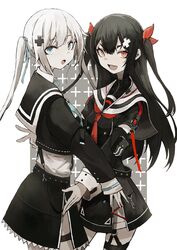  2girls black_hair black_sailor_collar black_shirt blue_eyes blue_neckerchief commentary garter_straps hair_ornament highres kurone_yomi long_hair mole mole_under_eye multiple_girls neckerchief open_mouth re:act red_eyes red_neckerchief sailor_collar sailor_shirt sanshouuo sharp_teeth shirane_yuki shirt sidelocks teeth two_side_up virtual_youtuber white_hair white_sailor_collar 