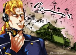  1boy arrow_earrings bad_company_(stand) blonde_hair commentary_request diamond_wa_kudakenai dust_cloud earrings flattop gakuran highres jewelry jojo_no_kimyou_na_bouken male_focus military military_vehicle motor_vehicle nijimura_keicho parachute school_uniform solo somechime_(sometime1209) speed_lines stand_(jojo) tank twitter_username upper_body yellow_eyes 