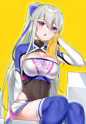  :o armpit_crease armpit_cutout azur_lane bad_id bad_pixiv_id blue_thighhighs blush bottle bow braid breasts casablanca_(azur_lane) casablanca_(cheer_squad_on_break)_(azur_lane) cheerleader cleavage clothing_cutout commentary covered_collarbone covered_navel cowboy_shot crop_top drying female grey_hair groin hair_between_eyes hairbow hand_up highres holding holding_towel large_breasts leotard leotard_under_clothes long_hair long_sleeves looking_at_viewer midriff miniskirt official_alternate_costume pleated_skirt ponytail purple_bow purple_eyes ribbed_legwear sidelocks simple_background sitting skirt solo suzuharu_toufu sweat taut_clothes thighhighs towel two-tone_skirt very_long_hair water_bottle white_skirt yellow_background zettai_ryouiki 