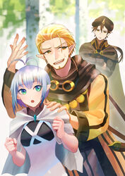  2boys antenna_hair blonde_hair blue_eyes brown_eyes brown_hair cape clenched_hand crossed_arms day elf facial_hair female goggles goggles_around_neck grey_hair hand_up master_of_the_deep_sea_nova mizuki_apple multiple_boys outdoors pixiv_fantasia pixiv_fantasia_age_of_starlight pointy_ears ponytail robe standing star_girl_luna sweatdrop trade_king_farid white_cape yellow_eyes 