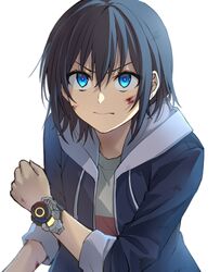  backlighting black_hair blue_eyes bruise bruise_on_face commentary_request female furrowed_brow hair_between_eyes hero-san_to_moto_onna_kanbu-san highres honjou_hayate hood hoodie injury medium_hair serious sleeves_rolled_up solo somechime_(sometime1209) 