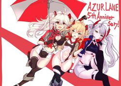  3girls admiral_hipper_(azur_lane) azur_lane belt black_choker blonde_hair bluecher_(azur_lane) breast_envy breasts choker cleavage clothing_cutout commentary_request cropped_jacket cropped_shirt cross cross_earrings earpiece earrings gloves green_eyes grey_hair half_gloves highres iron_cross jacket jewelry kuga_zankurou long_hair looking_at_viewer midriff multicolored_clothes multicolored_hair multicolored_scarf multiple_girls navel oerba_yun_fang official_alternate_costume one-piece_swimsuit orange_eyes panties panty_straps planted planted_umbrella prinz_eugen_(azur_lane) prinz_eugen_(final_lap)_(azur_lane) purple_jacket race_queen red_hair red_panties scarf skin_fang smile split-color_hair stomach streaked_hair swimsuit thighhighs two-tone_skirt two_side_up umbrella underboob underboob_cutout underwear white_belt 