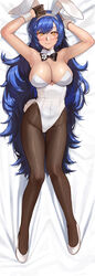  absurdres animal_ears black_bow black_bowtie black_pantyhose blue_hair bow bowtie breasts brown_gloves covered_navel dakimakura_(medium) deras detached_collar fake_animal_ears female full_body girls&#039;_frontline gloves hairband half_gloves hexagram high_heels highleg highleg_leotard highres large_breasts leotard long_hair lying official_alternate_costume on_back pantyhose playboy_bunny side-tie_leotard smile solo star_of_david strapless strapless_leotard tar-21_(girls&#039;_frontline) tar-21_(night_at_the_bar)_(girls&#039;_frontline) very_long_hair white_footwear white_hairband white_leotard yellow_eyes 