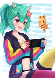  :d ahoge animal_ears asymmetrical_legwear blush cat_ears closed_eyes collarbone commission female fingernails flower-shaped_pupils green_eyes green_hair handheld_game_console highres hiiragi_kei holding holding_handheld_game_console hood hooded_jacket indie_virtual_youtuber jacket midriff mismatched_legwear multicolored_nails nail_polish navel nintendo_switch open_clothes open_jacket open_mouth pink_legwear ponytail rosedoodle_(vtuber) simple_background sitting skeb_commission smile solo symbol-shaped_pupils tank_top thighhighs virtual_youtuber yellow_legwear 