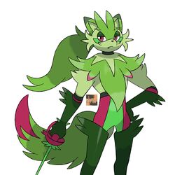  1:1 ambiguous_gender anthro clothing darknsfwindie drawfee_(copyright) fakemon felid feline fluffy fluffy_tail fur gloves green_body green_fur hair handwear hi_res legwear mammal melee_weapon ponytail solo sprigatito_(karina_farek) sword tail thigh_highs weapon 