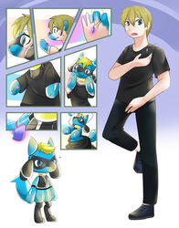  absurd_res action_figure anthro black_body black_skin blonde_hair blue_body blue_eyes blue_skin bodily_fluids canid canine clothed clothing facial_markings fujoshiineko fused_fingers generation_4_pokemon glistening glistening_body growth hair head_markings hi_res human inanimate_transformation jewelry loss_of_dexterity male mammal markings mask_(marking) necklace nintendo oversized_clothing permagrin permanent_smile plastic pokemon pokemon_(species) riolu shocked skycharger snout snout_growth solo sweat sweatdrop toy toyification transformation transformative_necklace 