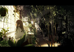  baggy_clothes blurry blush brown_eyes brown_hair closed_mouth commentary_request day depth_of_field door drawing_(object) female from_side hanging_plant highres indoors letterboxed light_particles loaded_interior long_hair long_sleeves looking_away looking_outside maeda_mic original plant potted_plant profile scenery sitting sleeves_past_wrists solo stairs sunlight sweater table white_sweater window 