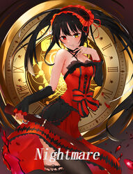  absurdres antique_firearm asymmetrical_hair black_hair black_thighhighs blush breasts clock clock_eyes date_a_live detached_sleeves dress english_text female finger_to_mouth firelock flintlock floating_hair frilled_hairband frills gun hairband hand_up heterochromia highres holding holding_gun holding_weapon lolita_fashion long_hair looking_at_viewer medium_breasts parted_lips red_dress red_eyes revision roman_numeral solo spaghetti_strap sty symbol-shaped_pupils thighhighs thighs tokisaki_kurumi twintails weapon yellow_eyes 