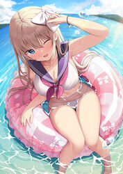  ;d afloat arm_up bare_arms bare_legs bare_shoulders bikini blue_eyes blue_sailor_collar blue_sky blush bow bracelet breasts bubble cleavage cloud cloudy_sky commentary_request day feet_out_of_frame female fisheye hair_between_eyes hairbow horizon innertube jewelry knees_together_feet_apart large_breasts light_brown_hair long_hair looking_at_viewer mountain neckerchief nekokobushi ocean one_eye_closed open_mouth original outdoors paid_reward_available red_neckerchief sailor_bikini sailor_collar side-tie_bikini_bottom sky smile solo sparkle string_bikini swim_ring swimsuit very_long_hair water white_bikini white_bow 