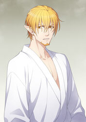  1boy blonde_hair earrings facial_hair gradient_background grey_background highres jewelry male_focus pixiv_fantasia pixiv_fantasia_age_of_starlight pointy_ears robe shima108 simple_background solo trade_king_farid upper_body yellow_eyes 