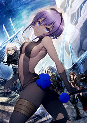  bangs banned_artist bare_shoulders belt black_hairband black_leotard breasts center_opening consort_yu_(fate) dark_skin fate/apocrypha fate/grand_order fate/prototype fate/prototype:_fragments_of_blue_and_silver fate_(series) female fingerless_gloves gloves hair_between_eyes hairband hassan_of_serenity_(fate) jack_the_ripper_(fate/apocrypha) kyoeiki leggings leotard long_hair looking_at_viewer mecha medium_hair navel purple_eyes purple_hair short_hair sideboob smile thighs xiang_yu_(fate/grand_order) 