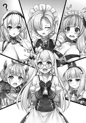  6+girls ? @_@ azur_lane blunt_bangs blush breasts choker cleavage closed_mouth collarbone commentary_request edinburgh_(azur_lane) elbow_gloves glasses gloves greyscale hair_between_eyes hair_over_one_eye highres large_breasts le_triomphant_(azur_lane) long_hair looking_at_viewer monochrome multiple_girls novel_illustration official_art open_mouth parted_lips queen_elizabeth_(azur_lane) raiou round_eyewear sheffield_(azur_lane) short_hair sirius_(azur_lane) smile suffolk_(azur_lane) 