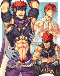  1boy abs armpits bara blue_background cape disembodied_hand fingerless_gloves fire_emblem fire_emblem:_the_blazing_blade gloves hairband highres invisible_chair jaffar_(fire_emblem) jaffar_(resplendent)_(fire_emblem) male_focus male_pubic_hair muscular muscular_male nipples open_mouth pubic_hair pubic_hair_peek red_eyes red_hair short_hair sitting steaming_body tattoo towel towel_around_neck twitter_username wet yaekaidou 