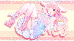  :d animal_ears blonde_hair boots bow breasts character_request cleavage commentary_request commission copyright_request dress female garter_straps gradient_hair hairbow high_heel_boots high_heels highres kusumoto_shizuru multicolored_hair nail_polish one_eye_closed open_mouth pink_hair rabbit_ears simple_background smile solo thighhighs 