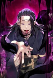  1boy aura ball black_hair black_kimono bleeding blood blood_on_face dripping getou_suguru getou_suguru_(kenjaku) hand_up japanese_clothes jujutsu_kaisen kesa kimono long_hair male_focus monster open_mouth pink_background purple_eyes sal_gun scar scar_on_face scar_on_forehead solo stitches teeth tongue tongue_out wide_sleeves 