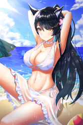  absurdres animal_ears armpits atago_(azur_lane) atago_(summer_march)_(azur_lane) azur_lane ball beach beachball bikini black_hair blue_sky blush breasts brown_eyes cleavage commentary day extra_ears female flower gradient_sky hair_flower hair_ornament highres large_breasts long_hair looking_at_viewer navel ocean official_alternate_costume outdoors photoshop_(medium) ribbon ryon_y0421 sand sky smile solo swimsuit water_drop white_bikini 