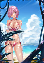  absurdres bare_shoulders bikini blush breasts cleavage collarbone commentary_request day fate/grand_order fate_(series) female hair_over_one_eye highres large_breasts long_sleeves looking_at_viewer mash_kyrielight mash_kyrielight_(swimsuit_of_perpetual_summer) navel ocean official_alternate_costume outdoors pink_bikini purple_eyes shirt shocho short_hair smile solo swimsuit white_bikini white_shirt 