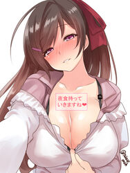  ahoge apron black_bra blush bra breasts brown_hair cleavage cleavage_reach collarbone collared_shirt commentary_request female hair_ornament hair_ribbon hairclip half-closed_eyes head_tilt highres huge_ahoge huge_breasts kantai_collection kappougi long_hair looking_at_viewer mamiya_(kancolle) naughty_face one-hour_drawing_challenge parted_lips pink_shirt pulling_own_clothes purple_eyes reaching reaching_towards_viewer ribbon seductive_smile shirt smile solo swept_bangs takase_muh translated unbuttoned unbuttoned_shirt underwear upper_body 