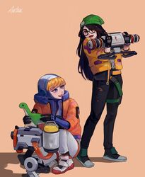  2girls animification apex_legends arc4na beanie black_footwear black_hair black_pants blue_bodysuit blue_headwear bodysuit brown_eyes crossover glasses green_headwear hair_over_one_eye hat holding holding_stuffed_toy hood hooded_jacket jacket killjoy_(valorant) long_hair multiple_girls nessie_(respawn) on_one_knee one_eye_covered orange_jacket pants ribbed_bodysuit smile stuffed_toy thigh_strap torn_clothes torn_pants trait_connection valorant wattson_(apex_legends) white_bodysuit white_footwear yellow_jacket 