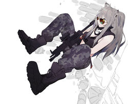  absurdres against_wall alternate_costume animal_ears aviator_sunglasses bandana black_footwear black_pants boots breasts bulletproof_vest camouflage camouflage_pants cleavage clenched_teeth commentary cross-laced_footwear ear_piercing female full_body grey_hair gun h&amp;k_mp5 highres holding holding_gun holding_weapon hololive igawa_hikaru lion_ears long_hair looking_over_eyewear medium_breasts pants piercing shishiro_botan sidelocks simple_background skull_print sleeveless solo spread_legs submachine_gun sunglasses teeth tinted_eyewear v-shaped_eyebrows virtual_youtuber weapon white_background 