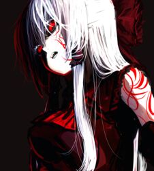  black_sclera body_markings bow colored_sclera dark dark_persona facial_mark female frills hairbow hakurei_reimu long_hair looking_at_viewer m.u.g.e.n maga-reimu open_mouth red_bow red_eyes rion_(glayjirobass) shaded_face solo teeth touhou upper_body white_hair 