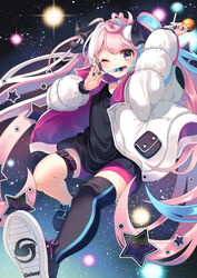  absurdres ahoge aqua_hair black_dress blush bridal_garter candy dress female food heart heart_ahoge highres holding holding_candy holding_food holding_lollipop jacket lollipop multicolored_hair nail_polish nanahi_tsubaki one_eye_closed original pink_hair purple_eyes shoes single_thighhigh sky star_(sky) star_(symbol) starry_sky thighhighs white_jacket 