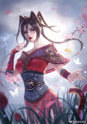  absurdres bad_source bare_shoulders brown_hair bug butterfly chi_lian_(qinshi_mingyue) cloud cloudy_sky dress falling_petals female floating_hair forked_tongue grass highres lightning long_hair multi-tied_hair off-shoulder_dress off_shoulder outdoors parted_lips petals qingyuan qinshi_mingyue red_dress sash second-party_source sky snake solo teeth tongue 