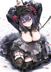  arms_up between_breasts black_hairband body_writing bonnet bound breasts chain_leash chains cleavage_cutout clothing_cutout commentary cosplay female floral_print flower garter_straps gothic_lolita hairband highres kitagawa_marin kuroe_shizuku kuroe_shizuku_(cosplay) large_breasts leash lolita_fashion looking_at_viewer nail_polish necktie necktie_between_breasts nylon_(nylon_100) panties panty_pull print_thighhighs purple_eyes purple_hair rose shoes simple_background sitting solo sono_bisque_doll_wa_koi_wo_suru sweatdrop tally thighhighs underwear unworn_shoes wariza wig 