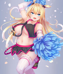  +_+ :d arm_up armpits ash_arms bare_shoulders between_breasts black_footwear black_shirt black_skirt blonde_hair blue_eyes breasts cheerleader cleavage crop_top crop_top_overhang elbow_gloves female floating_hair gloves grey_background highres holding holding_pom_poms irohara large_breasts leg_up long_hair looking_at_viewer m26_pershing_(ash_arms) midriff miniskirt navel necktie no_bra oerba_yun_fang open_mouth pleated_skirt pom_pom_(cheerleading) ribbed_gloves ribbed_legwear shirt shoes skirt sleeveless sleeveless_shirt smile sneakers solo sparkling_eyes stomach thighhighs thighs two_side_up very_long_hair white_gloves white_thighhighs 