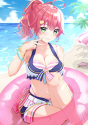  absurdres ahoge beach beach_chair beach_umbrella bikini blue_sky breasts cleavage cloud day female green_eyes hair_ornament highres hololive hololive_summer_2023_swimsuit innertube large_breasts long_hair looking_at_viewer mira_bluesky3 navel ocean outdoors pink_hair ponytail sakura_miko sand sky smile solo stomach swim_ring swimsuit umbrella v virtual_youtuber 