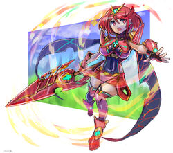  aegis_sword_(xenoblade) black_gloves breasts chest_jewel earrings female fingerless_gloves gem gloves headpiece highres jewelry large_breasts oomasa_teikoku pyra_(xenoblade) red_eyes red_hair red_shorts red_thighhighs short_hair short_shorts shorts solo swept_bangs sword thighhighs tiara weapon xenoblade_chronicles_(series) xenoblade_chronicles_2 