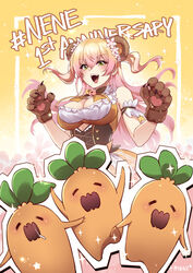  animal_ears anniversary bear_ears bear_paws blonde_hair blush bow bowtie breasts brown_bow brown_bowtie cleavage cleavage_cutout clothing_cutout corset cutout_above_navel female flower frilled_shirt frills gradient_hair green_eyes hair_between_eyes hair_flower hair_ornament hands_up highres hololive large_breasts long_hair mibry_(phrysm) momosuzu_nene momosuzu_nene_(1st_costume) multicolored_bow multicolored_bowtie multicolored_hair open_mouth orange_bow orange_bowtie orange_shirt pink_hair shirt signature smile solo sparkle two_side_up underbust upper_body virtual_youtuber white_flower yellow_bow yellow_bowtie 