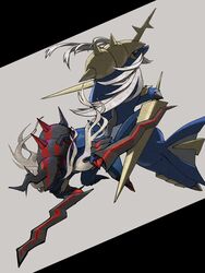  commentary_request facial_hair futena_goze grey_background grey_hair highres hisuian_samurott holding holding_weapon looking_back moustache no_humans pokemon pokemon_(creature) red_eyes samurott spikes weapon 