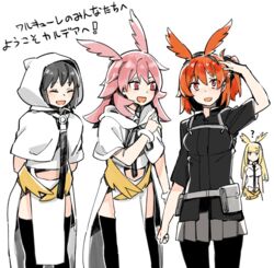  4girls ? animal_ears arm_up bag belt black_hair black_pantyhose black_thighhighs blonde_hair breasts closed_eyes coat eyebrows_hidden_by_hair fake_animal_ears fate/grand_order fate_(series) fujimaru_ritsuka_(female) fujimaru_ritsuka_(female)_(polar_chaldea_uniform) hair_between_eyes hairband hildr_(fate) hood hoodie long_hair multiple_girls naosuke_(morioka_shachuu) open_mouth ortlinde_(fate) pantyhose pink_hair pointy_ears red_eyes red_hair shirt short_hair skirt smile thighhighs thrud_(fate) translated valkyrie_(fate) 