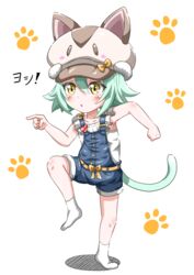  animal_ears animal_hat blouse cabbie_hat cacao_(nekopara) cat_ears cat_hat cat_tail commentary eggman_(pixiv28975023) female full_body genba_neko_(meme) green_hair hat looking_to_the_side meme nekopara no_shoes overall_shorts overalls parody paw_print pointing shigoto_neko shirt short_hair simple_background socks solo standing standing_on_one_leg tail translated white_background white_shirt white_socks yellow_eyes 