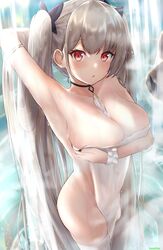  amano_kusatsu arm_under_breasts arm_up armpits artist_name azur_lane between_breasts black_nails breast_hold breasts cleavage collarbone covering_privates female formidable_(azur_lane) grey_hair hair_ribbon highres large_breasts long_hair looking_at_viewer nail_polish nude_cover parted_lips red_eyes ribbon solo standing steam thighhighs towel twintails very_long_hair water wet wet_hair white_thighhighs 